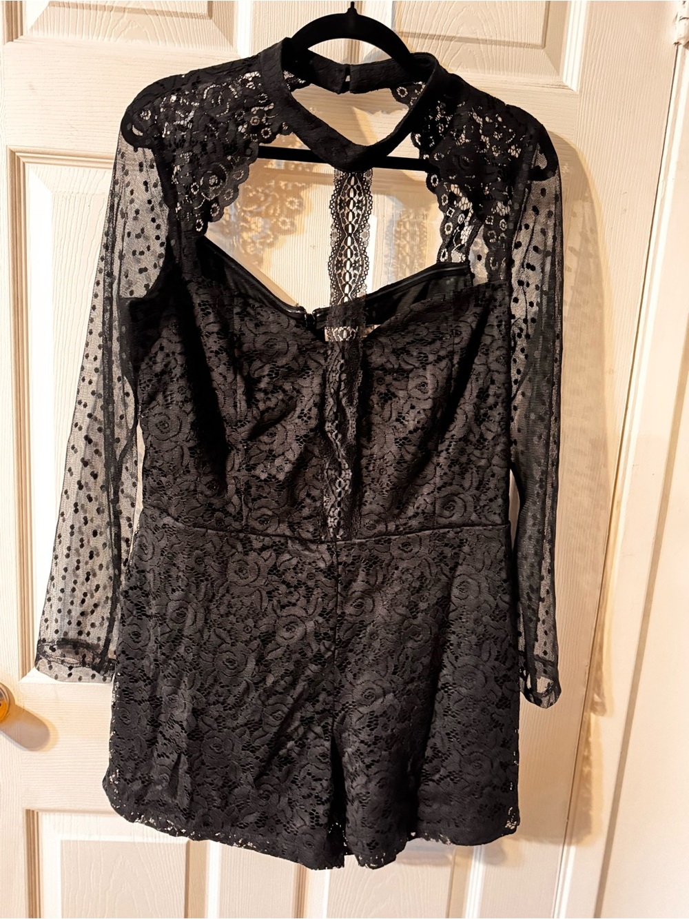 ASOS Black Lace Romper with Sheer Polka-Dot Sleeves
